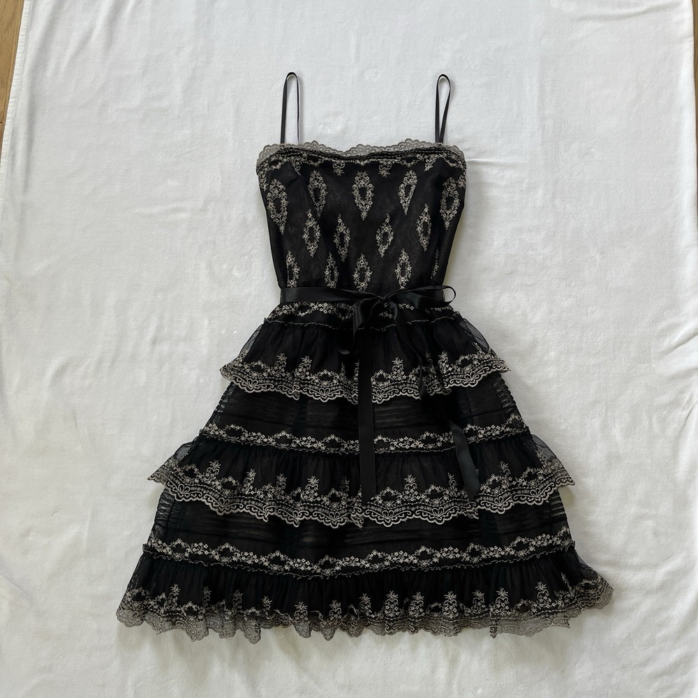 Y2K BCBG Maxazaria Cupcake Dress Strapless Evening Size 6 Lace Tulle Tiered Vtg - Picture 2 of 13